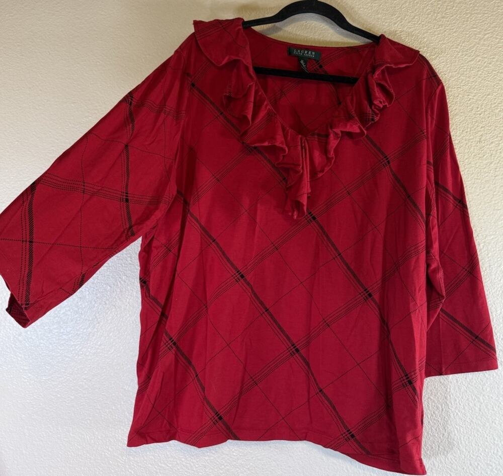 Lauren Ralph Lauren Plus 3X Blouse Red Plaid Ruffle Neck Pullover Cotton Modal